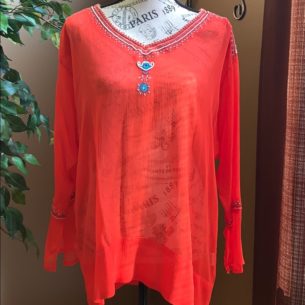Coral sheer tunic with embroidery details